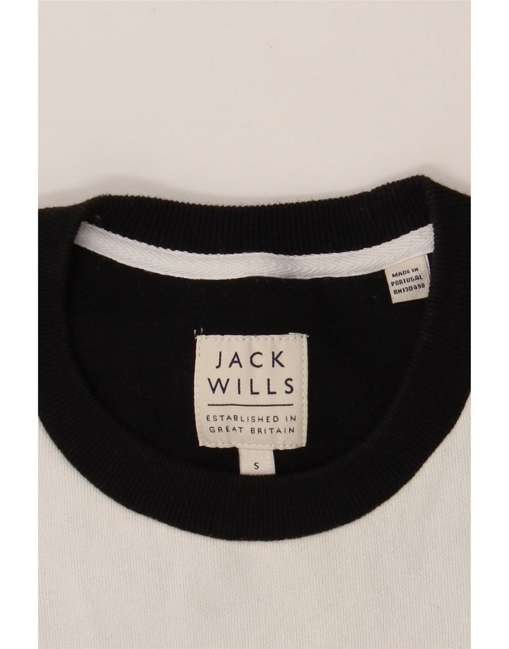 JACK WILLS Mens Graphic Sweatshirt Jumper Small White Colourblock Cotton Vintage Jack Wills and Second-Hand Jack Wills from Messina Hembry 