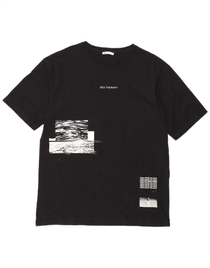 Zara Herre Grafisk T-Shirt Top XL Sort Bomuld