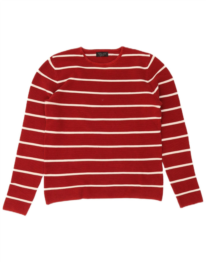 Zara Herre Crew Neck Jumper Sweater Medium Rød Stribet