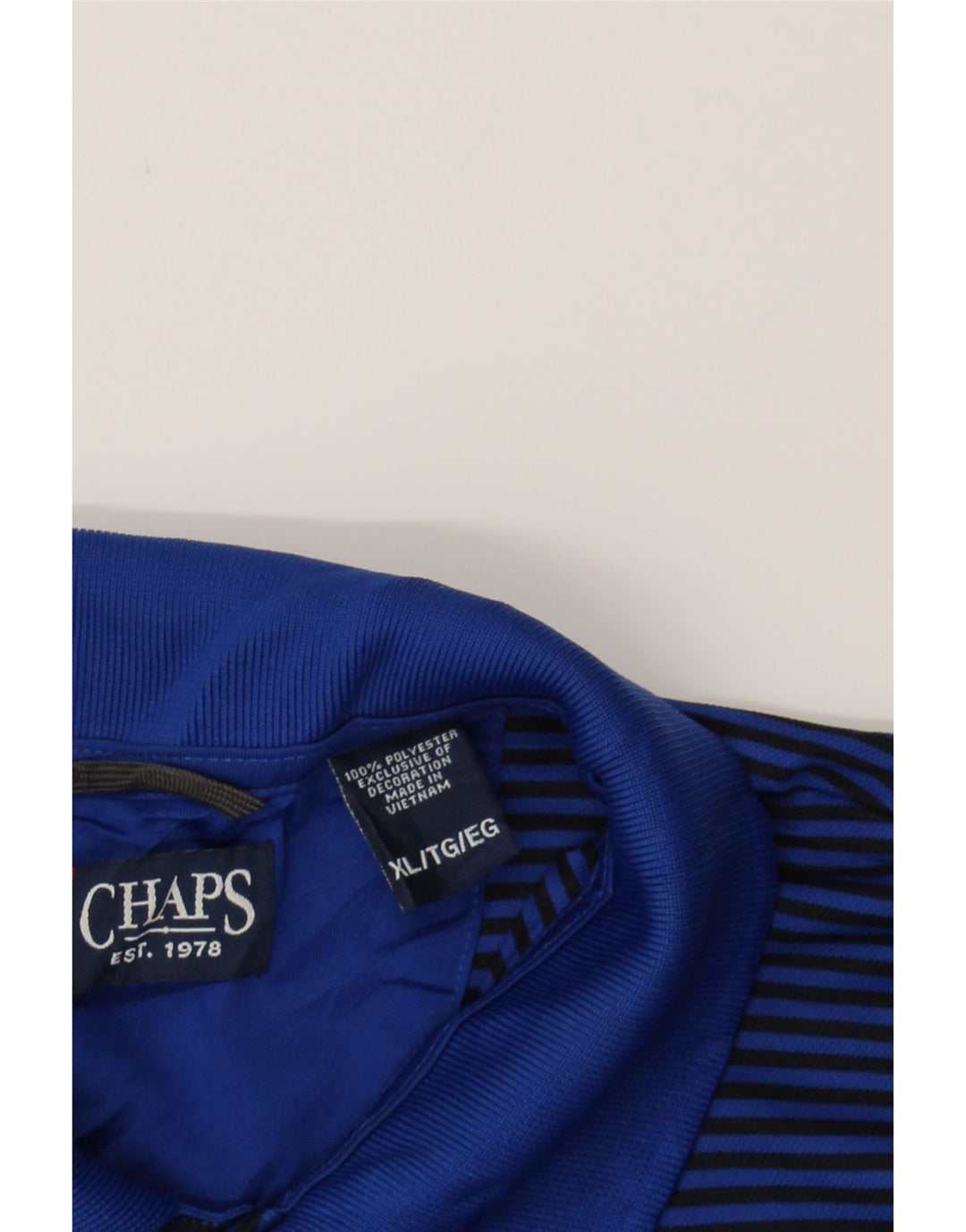 CHAPS Mens Polo Shirt XL Navy Blue Striped Polyester Vintage Chaps and Second-Hand Chaps from Messina Hembry 