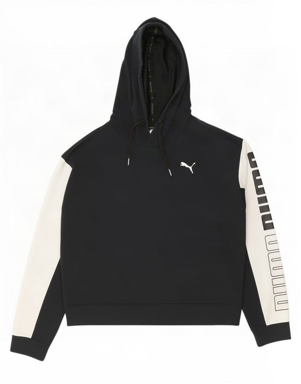 Puma Womens Crop Graphic Hoodie Jumper UK 12 Medium Navy Blue Colourblock
