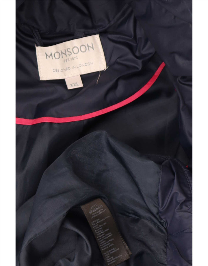 Monsoon Dame Hætte Oversized Polstret Frakke UK 22 2XL Navy Blue Polyester