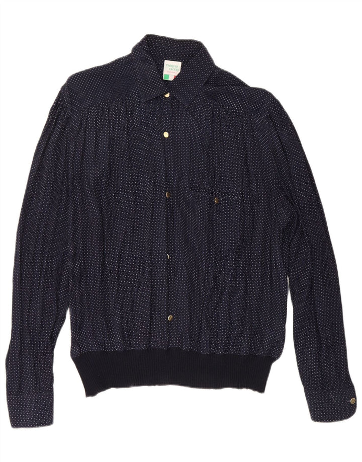 VINTAGE skjortebluse til kvinder UK 16 Stor marineblå plettet viskose