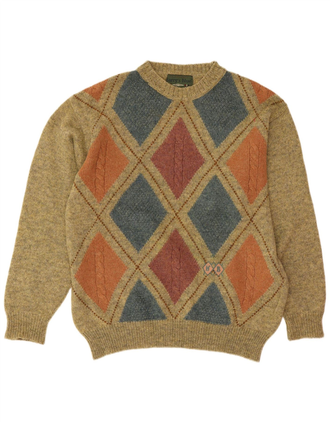 Vintage Herre Crew Neck Jumper Sweater Medium Green Argyle/Diamond Wool