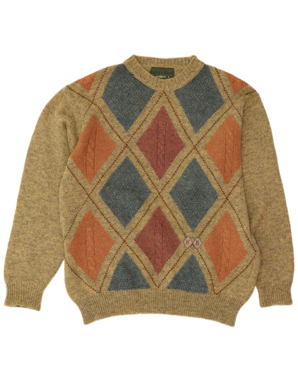 Vintage Herre Crew Neck Jumper Sweater Medium Green Argyle/Diamond Wool
