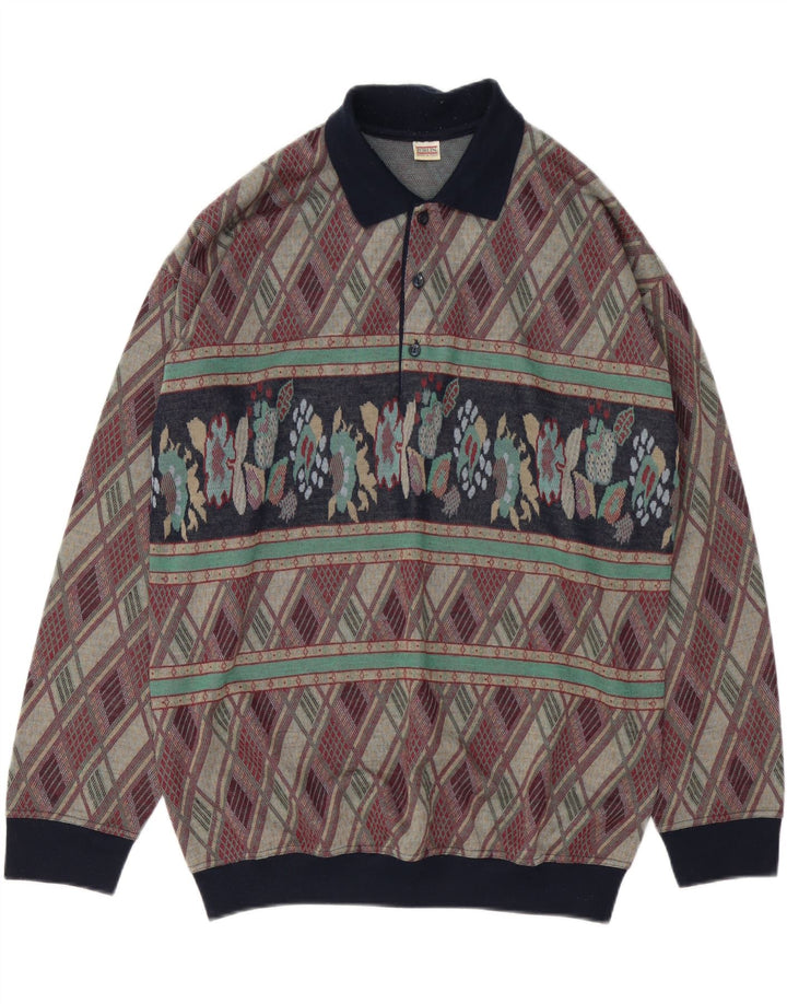 Vintage herre polo hals sweater stor flerfarvet geometrisk