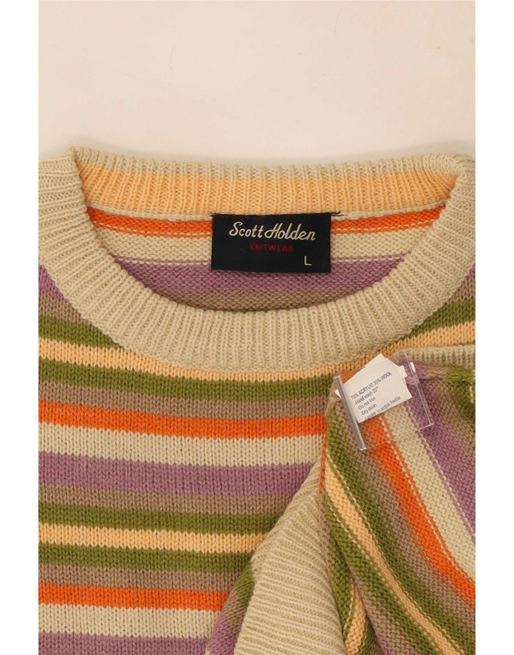 Vintage herre rund hals sweater stor flerfarvet stribet akryl