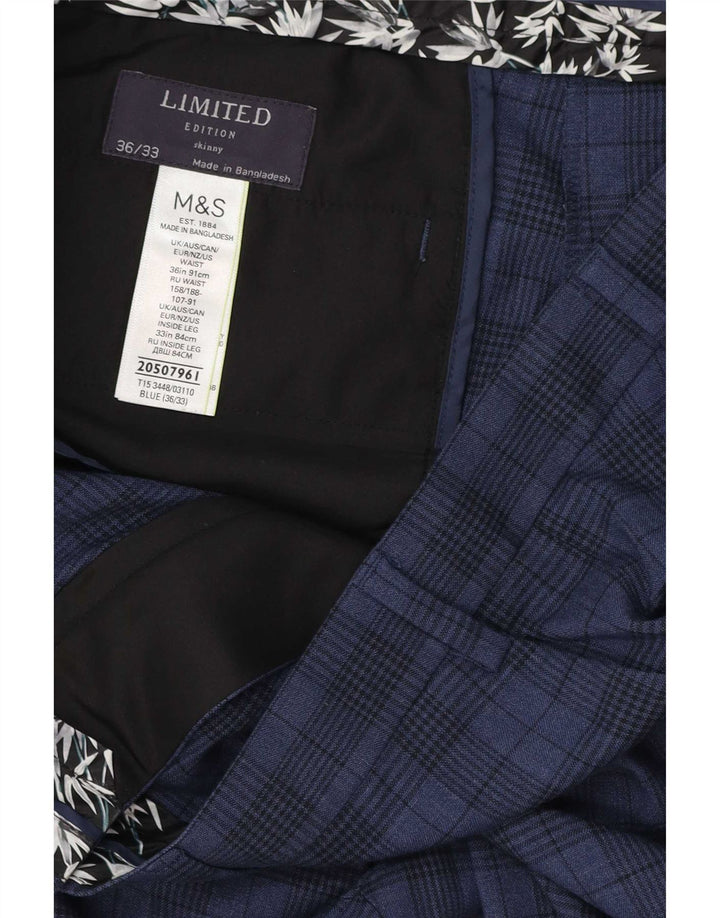 Marks & Spencer Herre Skinny Suit Bukser W36 L33 Marineblå ternet polyester