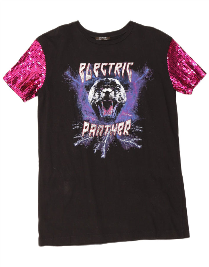 Zara Dame Grafisk Tunika Top UK 10 Lille Sort Polyester