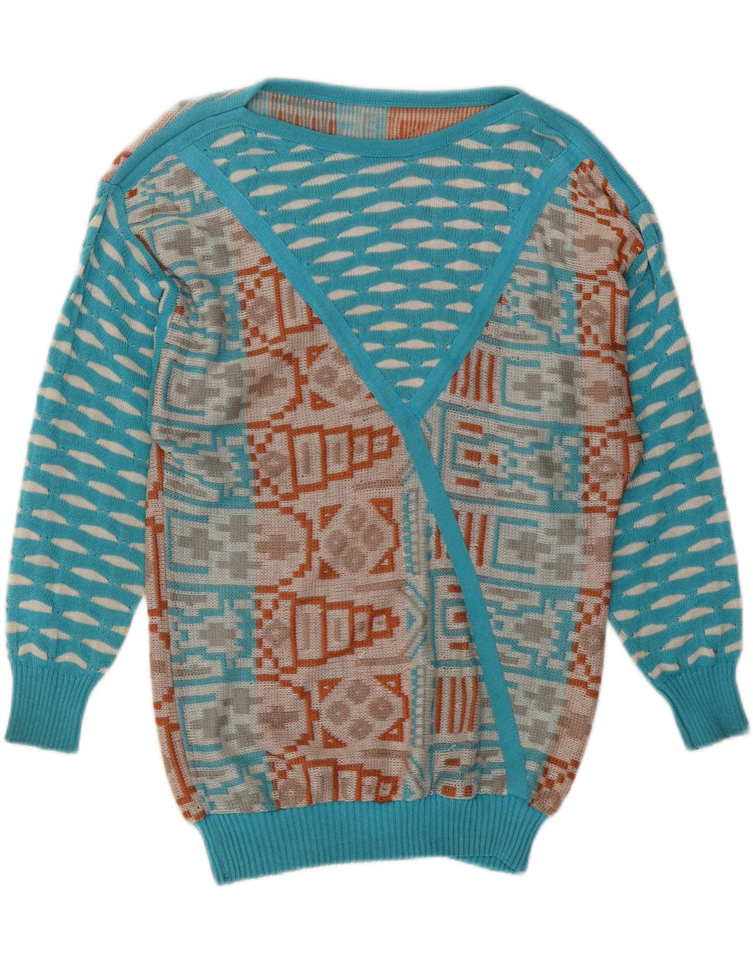 VINTAGE Dame Boat Neck Jumper Sweater UK 14 Medium Blue Geometric