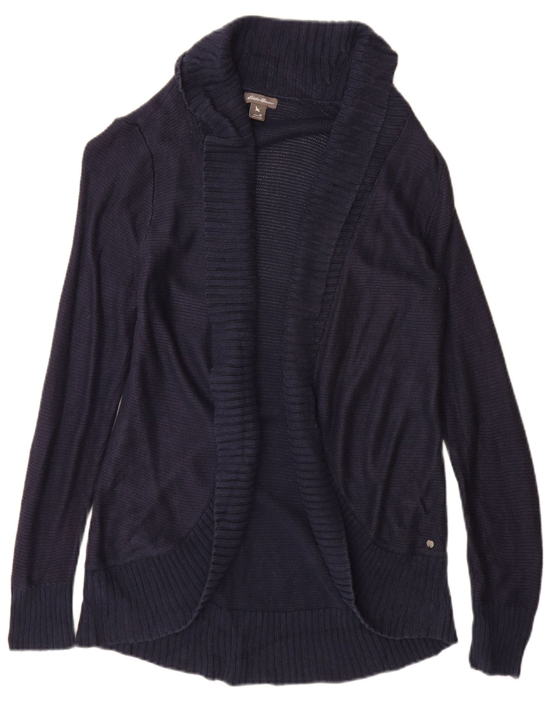 Eddie Bauer Dame Open Cardigan Sweater UK 12 Medium Navy Blue Rayon