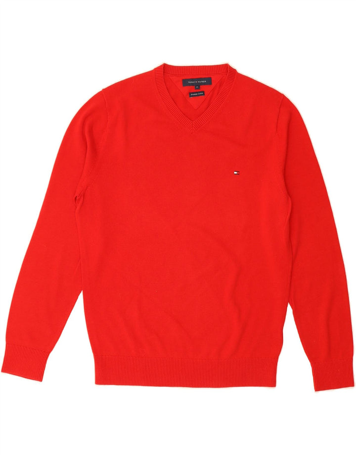 TOMMY HILFIGER Mens V-Neck Jumper Sweater Medium Red Cotton Vintage Tommy Hilfiger and Second-Hand Tommy Hilfiger from Messina Hembry 