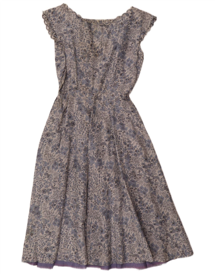 Vintage Dame A-Line Kjole UK 12 Medium Blue Floral