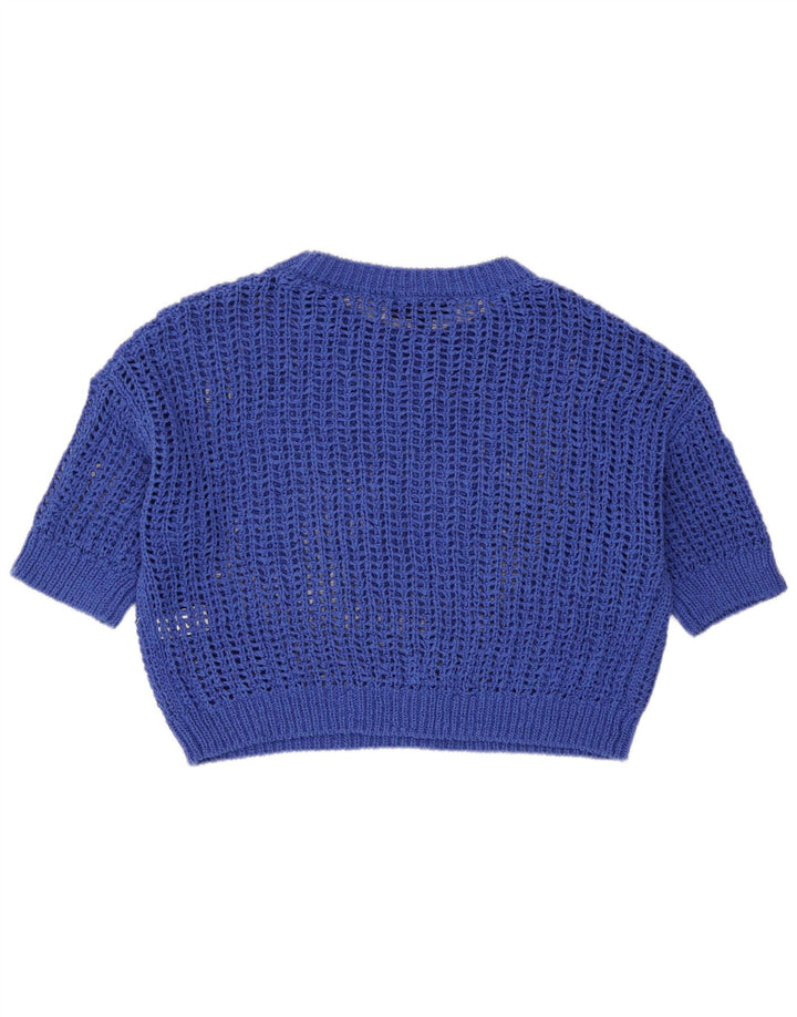 Zara Dame Oversized Se Through Knit Crop Top UK 10 Small Blue Cotton