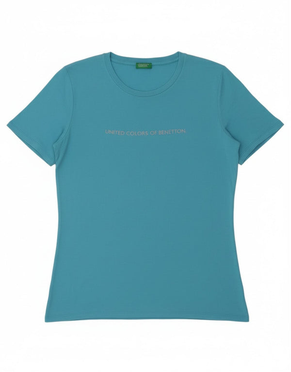 Benetton Dame Grafisk T-Shirt Top UK 14 Medium Blue