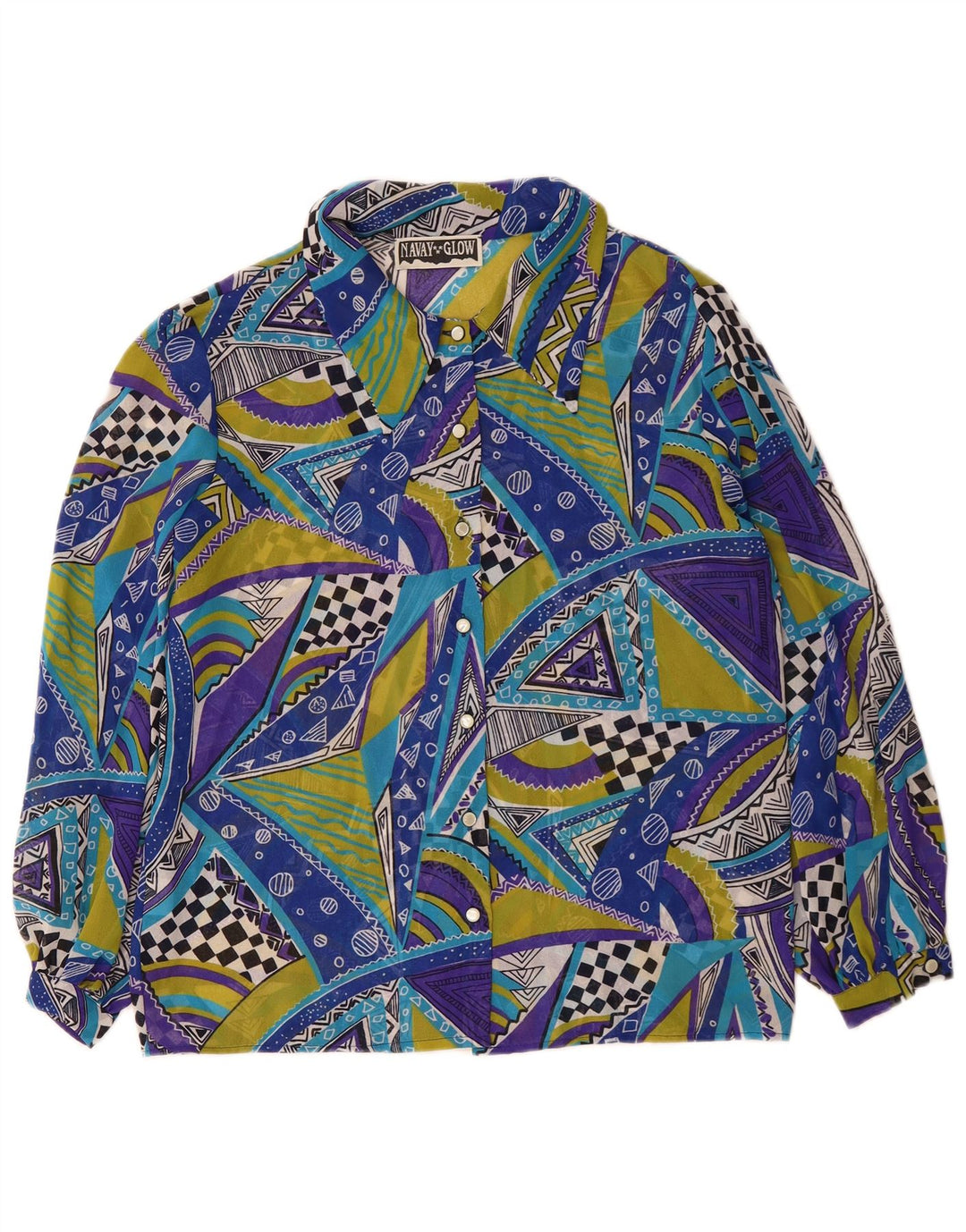 VINTAGE skjortebluse til kvinder IT 42 Mellemblå geometrisk polyester