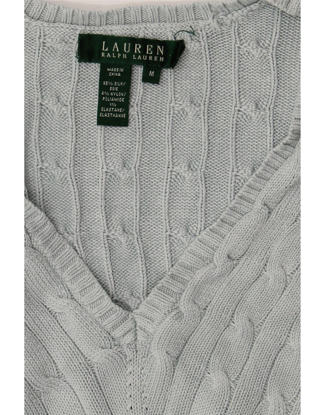 Ralph Lauren Dame 3/4-ærmet V-hals sweater UK 12 Medium Blue Silke