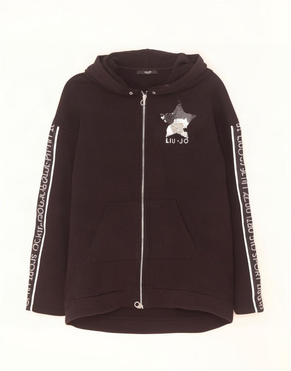 Liu Jo Womens Graphic Oversized Zip Hoodie Sweater UK 6 XS Black Polyamide