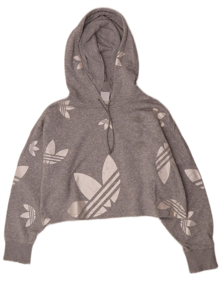 Adidas Dame Crop Graphic Oversized Hoodie Jumper UK 12 Medium Grey Bomuld