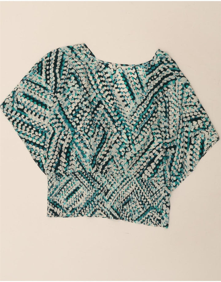 Vintage Dame Batwing Bluse Top UK 14 Medium Blue Geometric