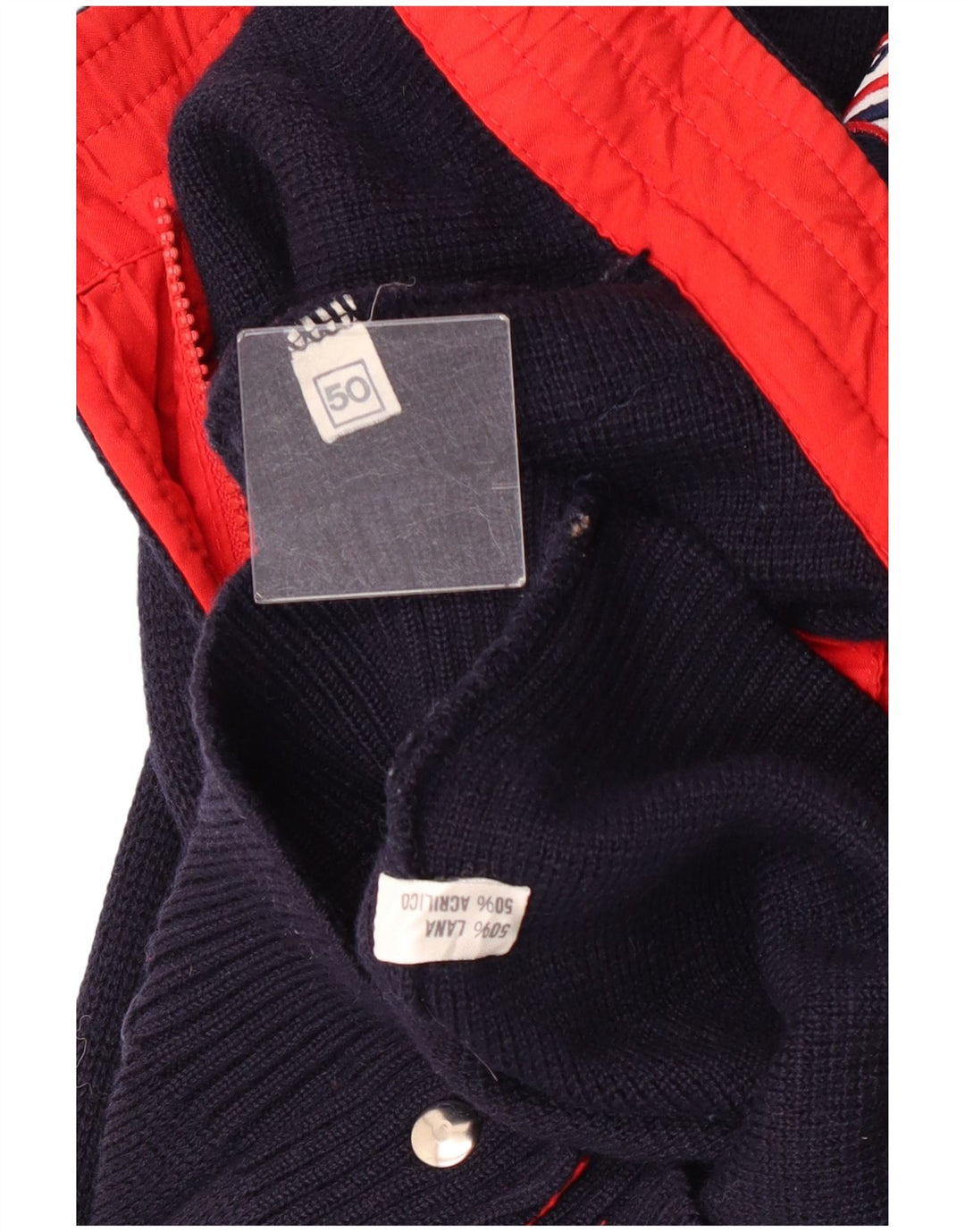 Vintage herre cardigan sweater IT 50 Medium Marineblå Colourblock Uld