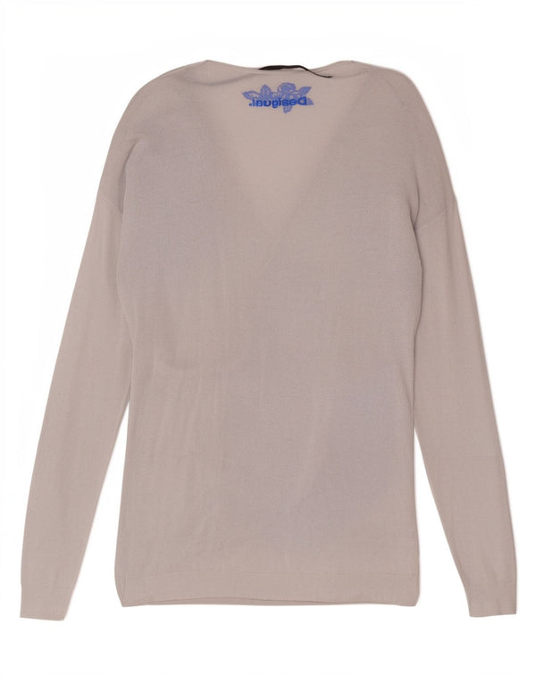 Desigual Dame grafisk V-hals sweater UK 18 XL Hvid blomsterviscose