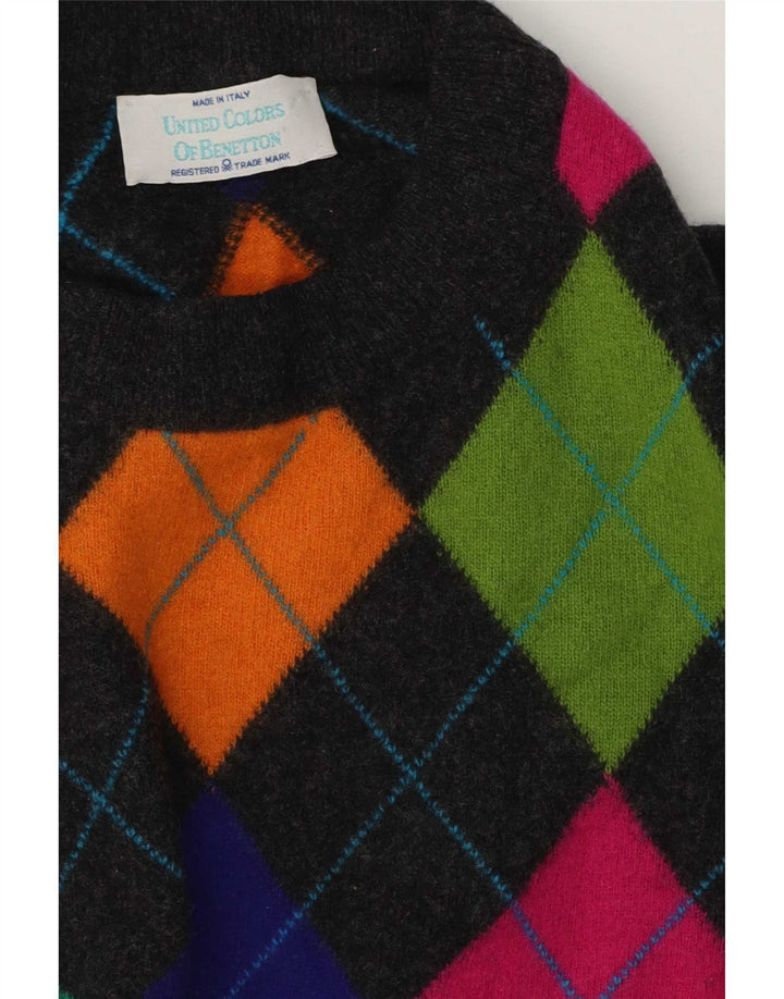 Benetton Herre Crew Neck Jumper Sweater IT 50 Medium Grey Argyle/Diamond