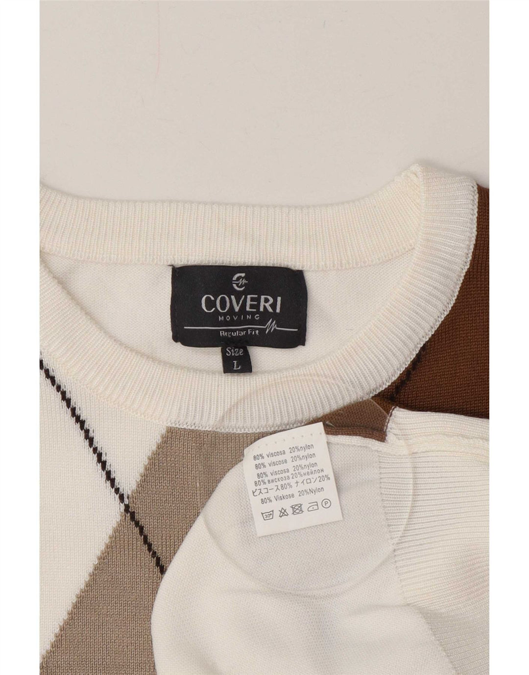 Coveri Dame sweater med rund hals, stor hvid Argyle/Diamond