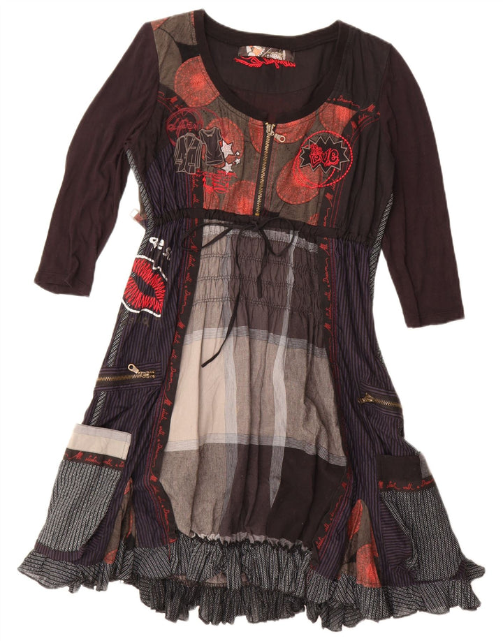 Desigual Kvinders Grafisk A-Line Kjole EU 40 Medium Brun Patchwork