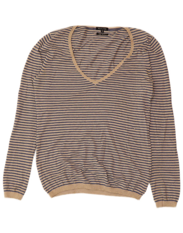 MASSIMO DUTTI Dame V-hals sweater UK 18 XL Blå Stribet Cashmere