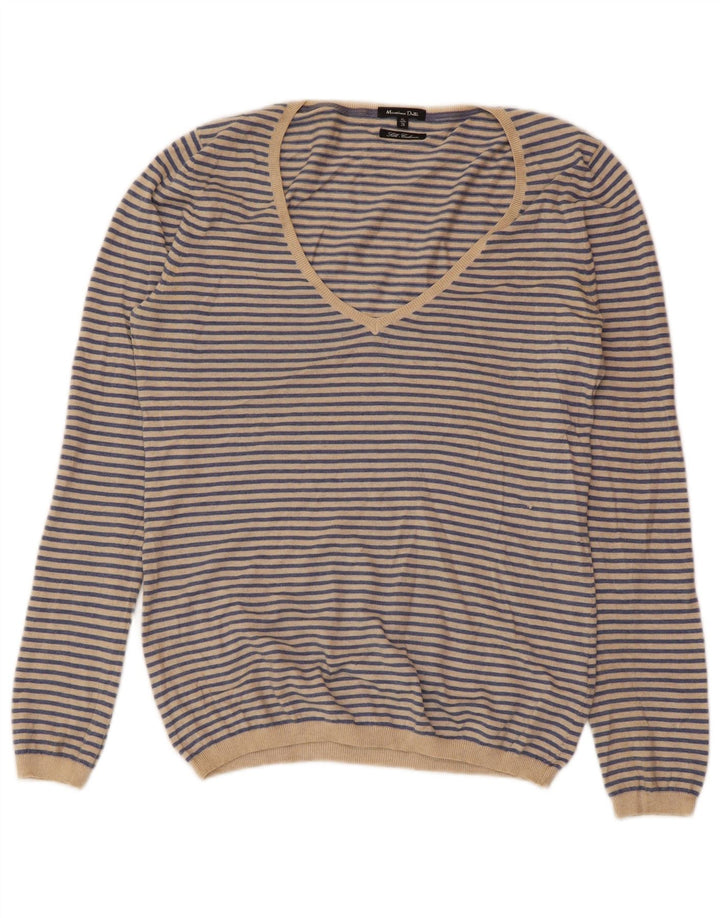 MASSIMO DUTTI Dame V-hals sweater UK 18 XL Blå Stribet Cashmere