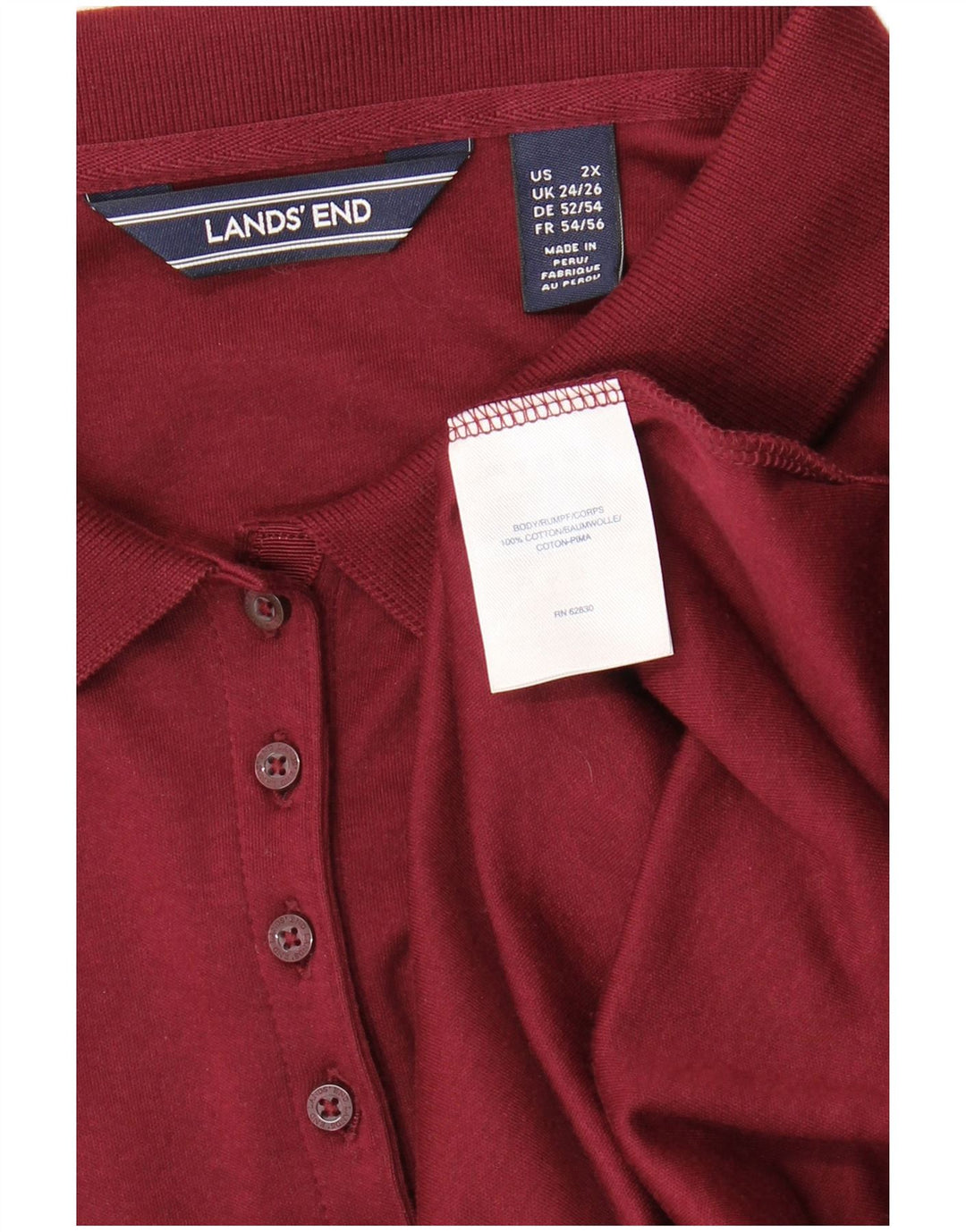 LANDS END Langærmet poloskjorte til kvinder UK 24/26 2XL Bourgogne bomuld