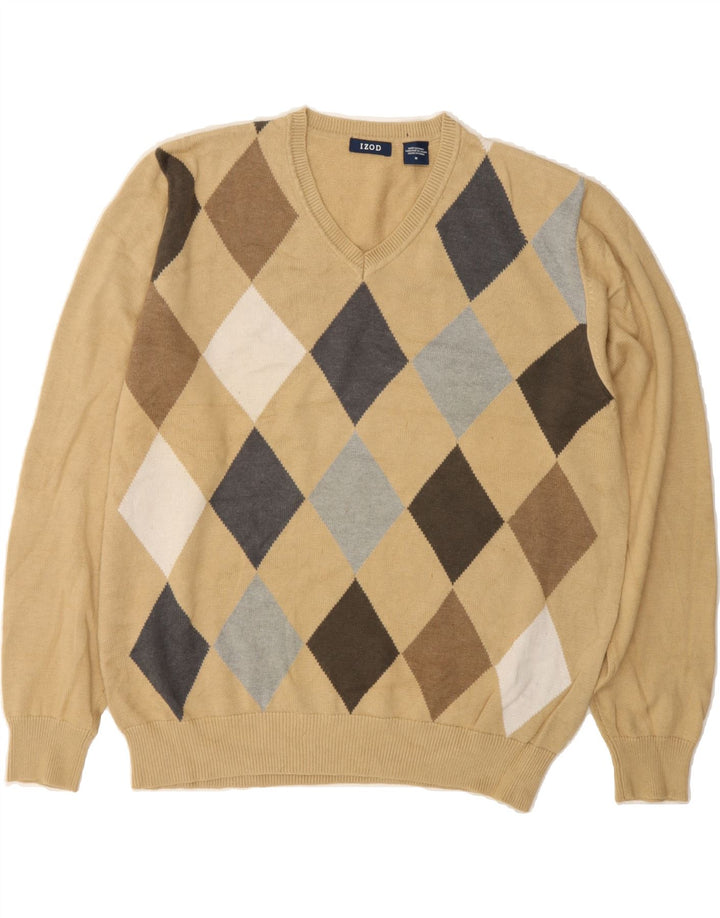 IZOD Mens V-Neck Jumper Sweater Medium Beige Argyle/Diamond Cotton Vintage Izod and Second-Hand Izod from Messina Hembry 