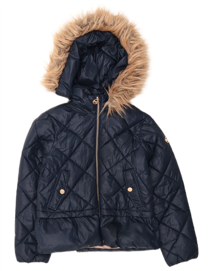 MICHAEL KORS Girls Hooded Padded Jacket 10-11 Years Navy Blue Polyester