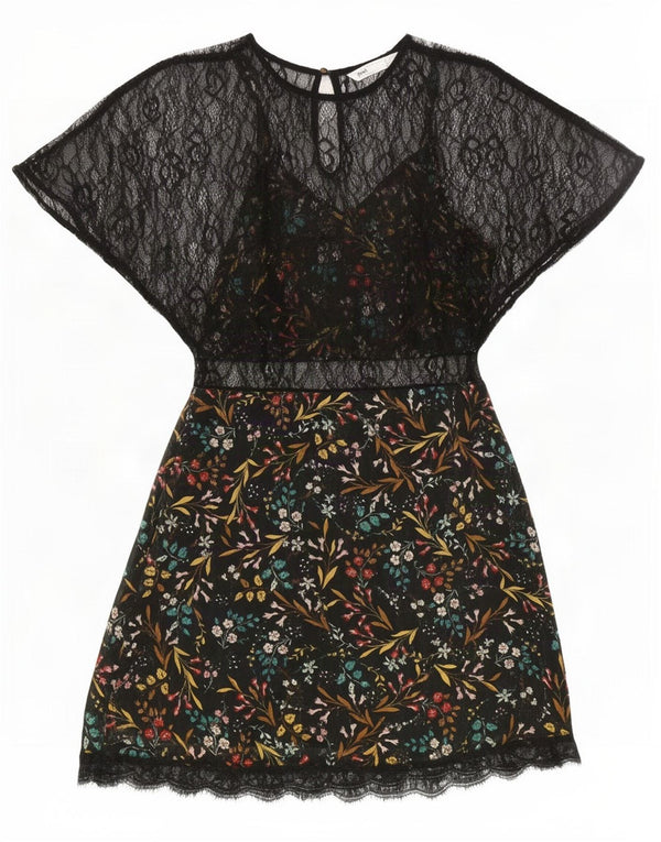 Zara Dame Se Through Lace A-Line Kjole UK 4 XS Black Floral Polyester
