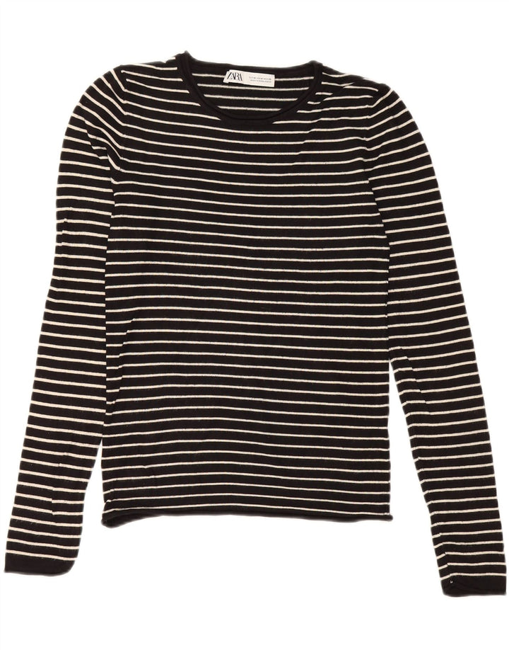 ZARA Womens Crew Neck Jumper Sweater UK 12 Medium Black Striped Viscose Vintage Zara and Second-Hand Zara from Messina Hembry 