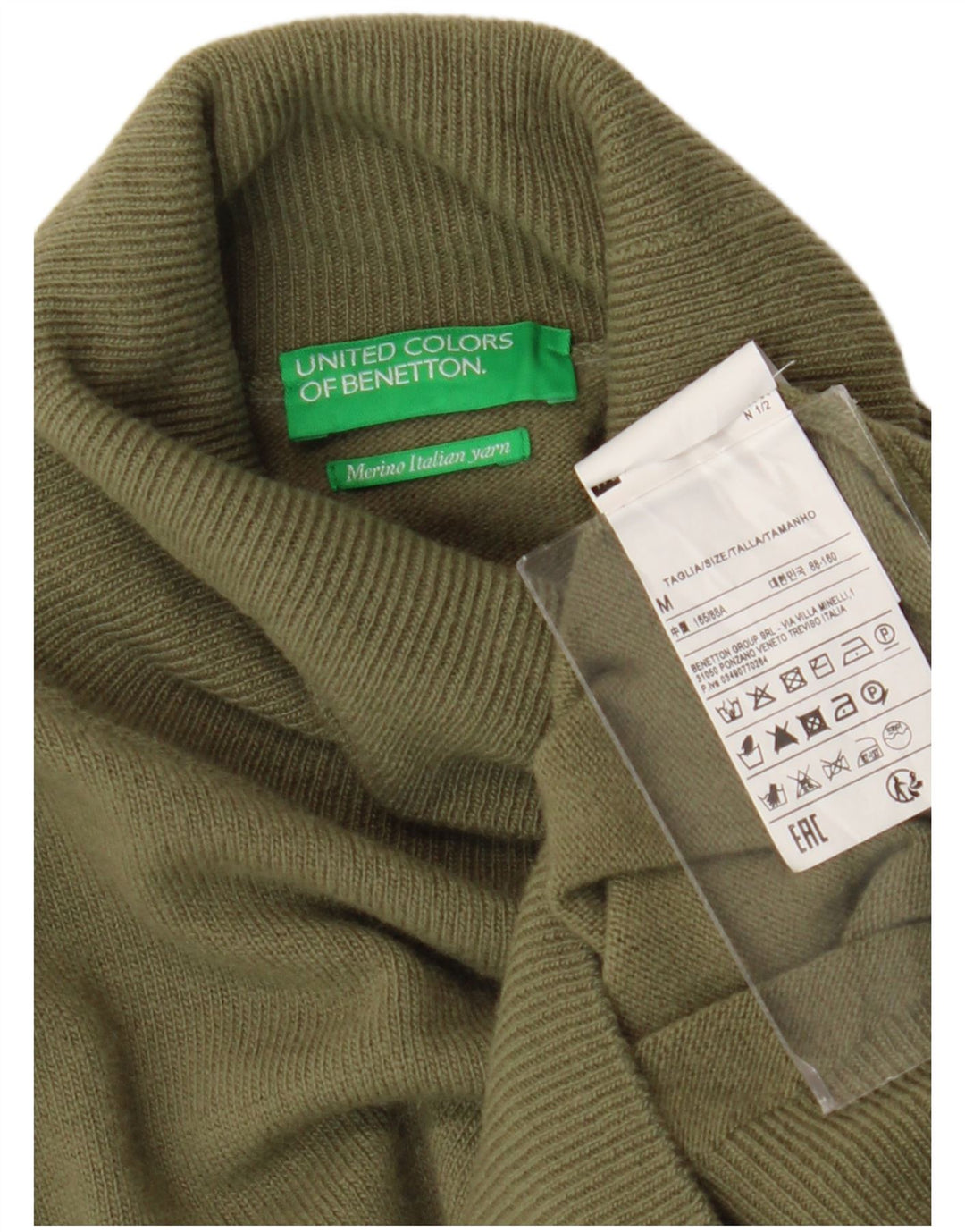 Benetton Dame Roll Neck Jumper Sweater UK 12 Medium Green Merino Wool