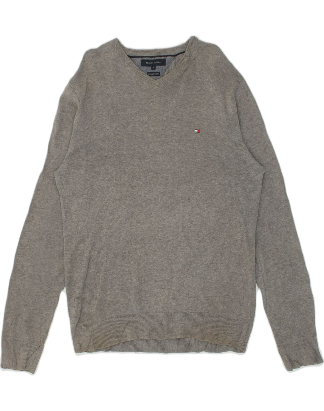 TOMMY HILFIGER Mens V-Neck Jumper Sweater Large Grey Cotton | Vintage Tommy Hilfiger | Thrift | Second-Hand Tommy Hilfiger | Used Clothing | Messina Hembry 