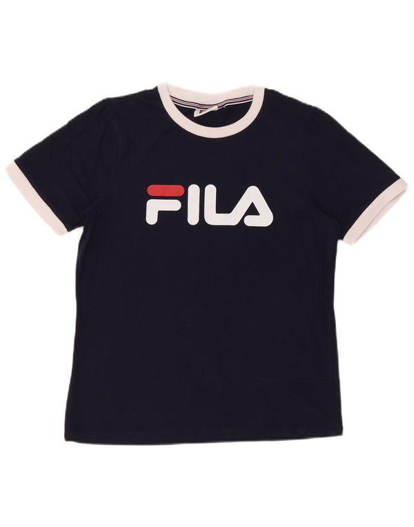 Fila Dame Grafisk T-Shirt Top UK 14 Medium Navy Blue Bomuld