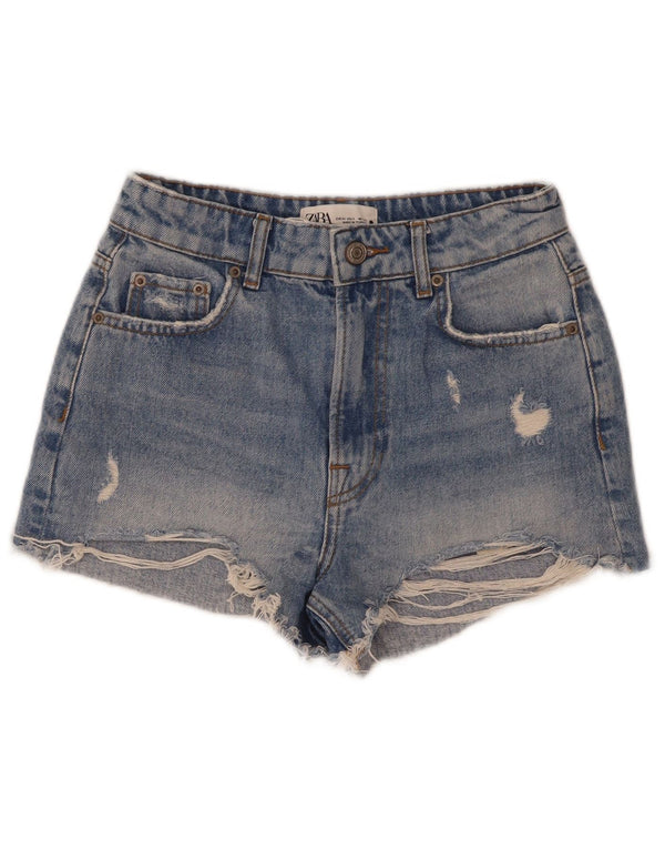 Zara Womens Distressed Denim Shorts EU 34 2XS W24 Blå Bomuld