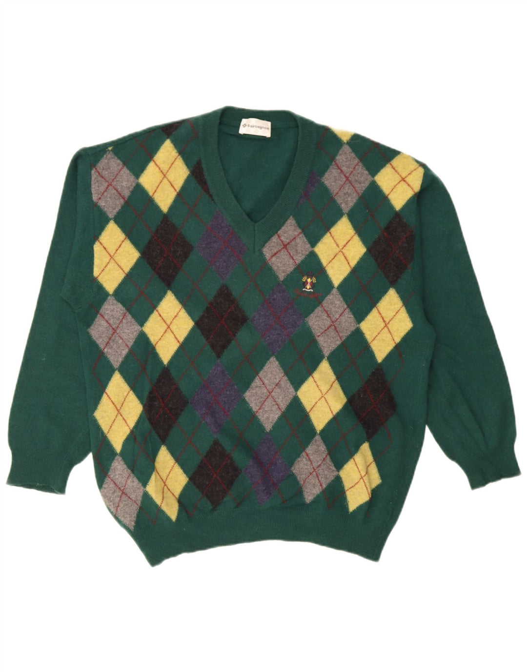 Burlington Herre V-hals sweater IT 52 Stor Grøn Argyle/Diamond Wool