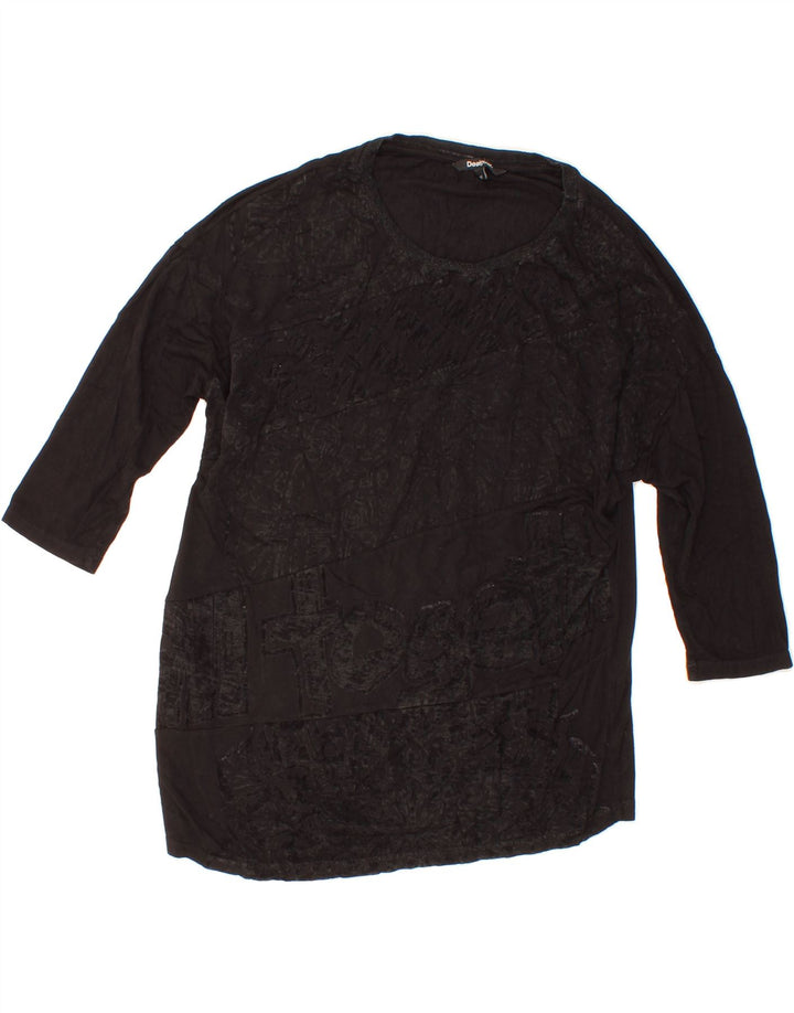 DESIGUAL Womens Graphic Top 3/4 Sleeve UK 14 Medium Black Floral Vintage Desigual and Second-Hand Desigual from Messina Hembry 