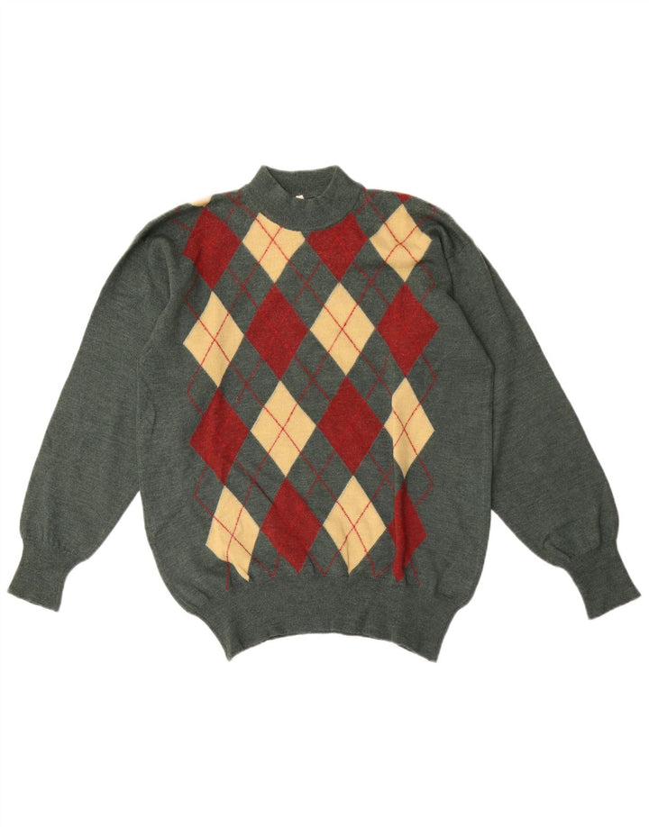 Vintage Herre Turtle Neck Jumper Sweater IT 50 Medium Green Argyle/Diamond