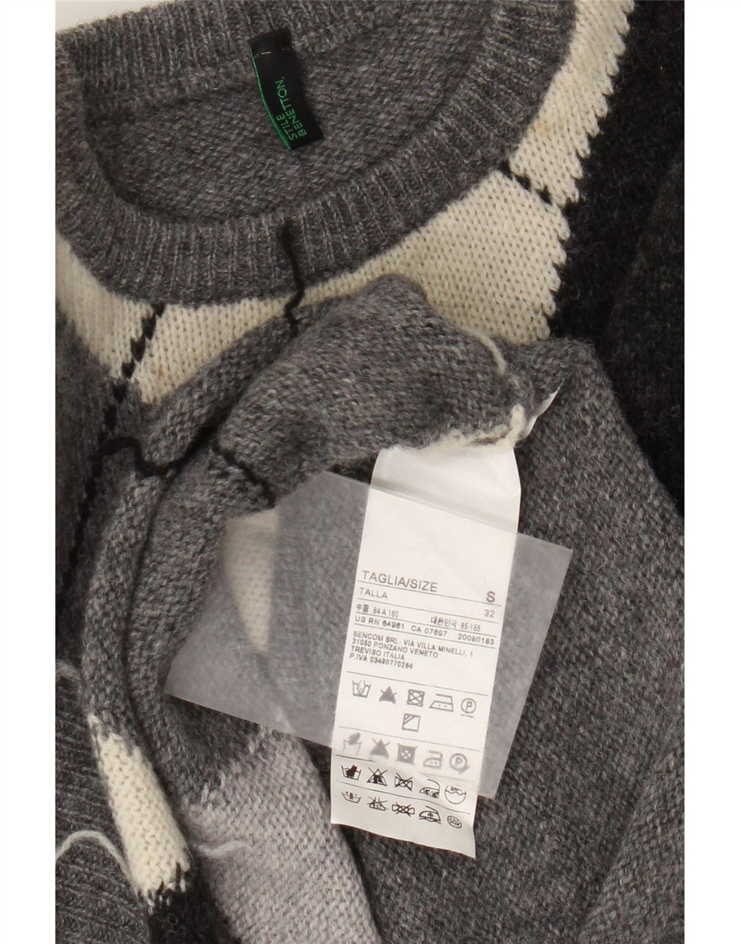 Benetton Dame Jumper Sweater UK 10 Small Grey Argyle/Diamond