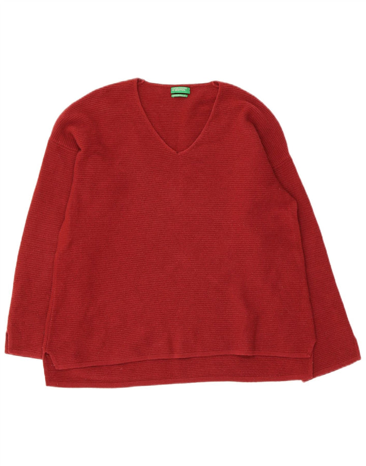 Benetton Dame V-hals sweater UK 10 Small Red Virgin Wool