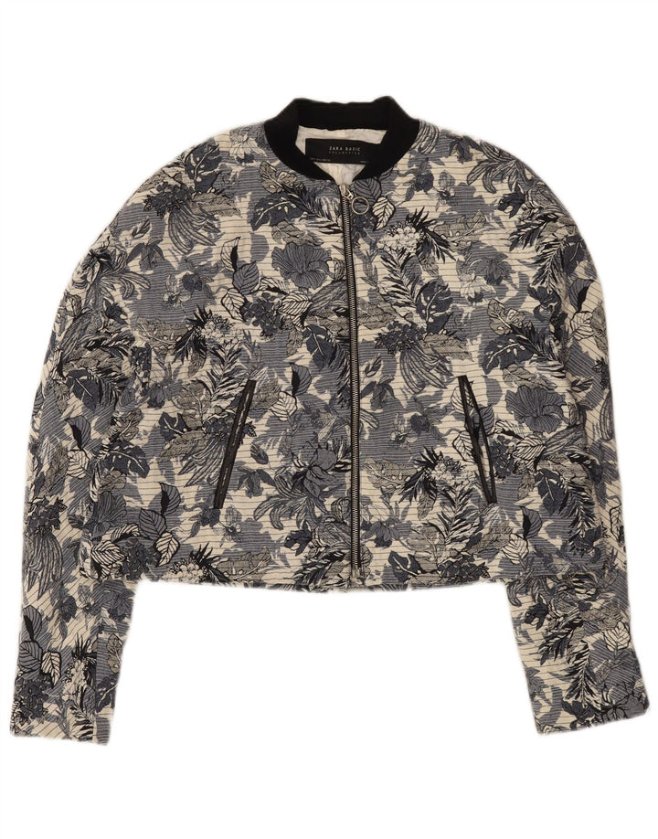 Zara Womens Bomber Jacket UK 14 Large Blue Floral Cotton