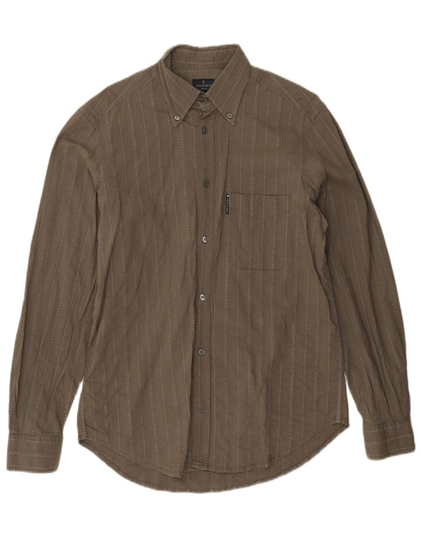 Trussardi Jeans Mens Shirt Small Khaki Striped Cotton