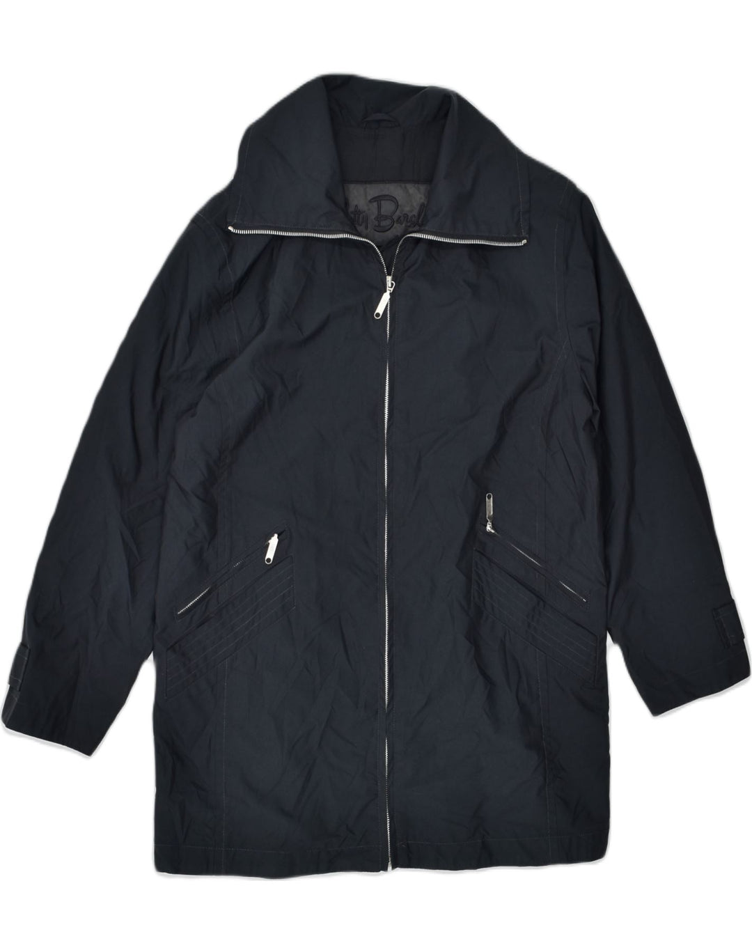 BETTY BARCLAY Womens Overcoat UK 10 Small Navy Blue Polyurethane | Vintage | Thrift | Second-Hand | Used Clothing | Messina Hembry 