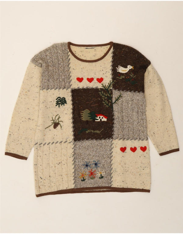 Vintage Womens Crew Neck Jumper Sweater UK 16 Large Beige Patchwork nyhed