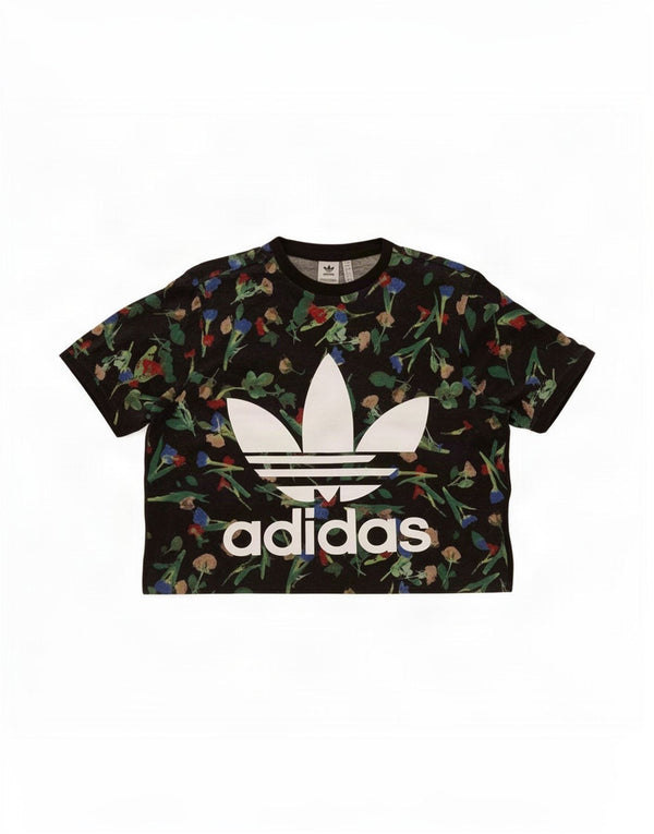 Adidas Womens Crop Oversized grafisk T-shirt top UK 12 Medium Black Floral